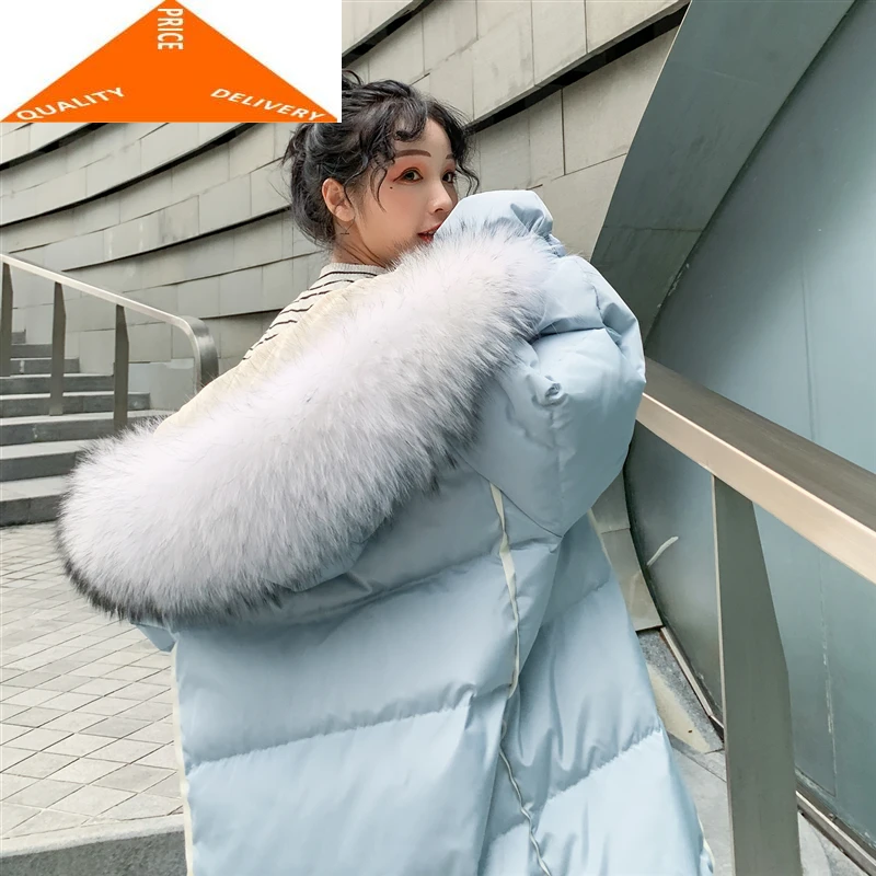 Длинное зимнее пальто для женщин Толстая куртка с енотовым мехом и капюшоном