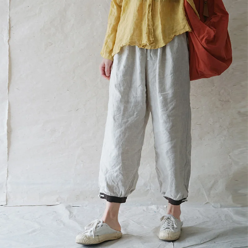 SCUWLINEN Vintage Trousers Women 2021 Casual All-match Solid Elastic Waist Plate Button Slim Ankle-length Linen Harem Pant P342