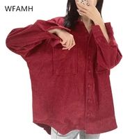 2021 new spring and autumn plus size womens pockets solid color mid length corduroy shirt with short front and back long cotton