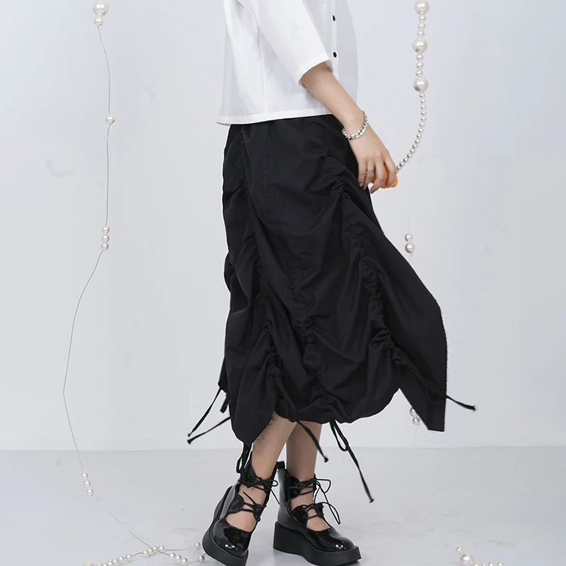 

SHENGPALAE Yamamoto Shirring Irregular Skirt Women's Summer 2021 New High Waist Knee-length Black Skirts Female Fashion 5E1270