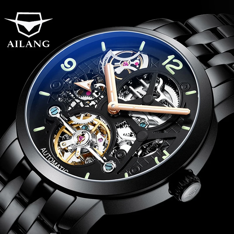 AILANG New Hollow Mechanica Business Men's Automatic Double Sided Luminousl Watches Stainless Steel 30M Waterproof Strap 6811A