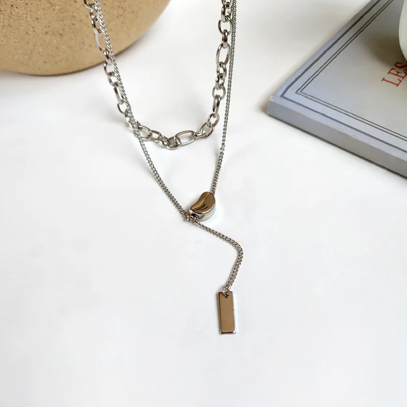 

New Double Layered Lucky Bean Necklace Simple Rectangular Tag Necklace Personality Clavicle Chain Ladies Jewelry Wholesale
