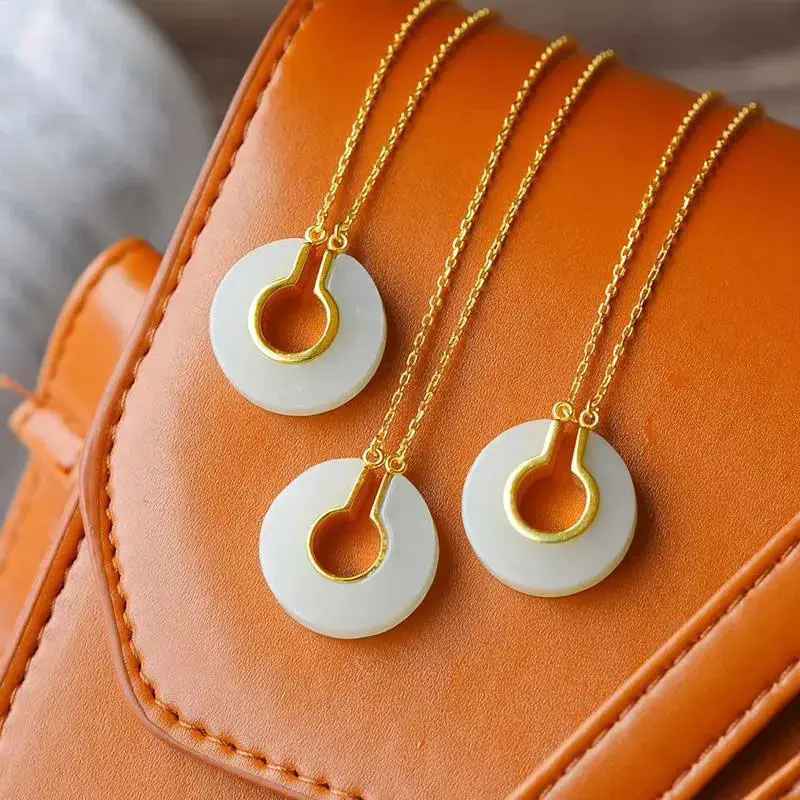 

New original design natural Hetian white jade ring pendant necklace Chinese retro palace style creative women's silver jewelry