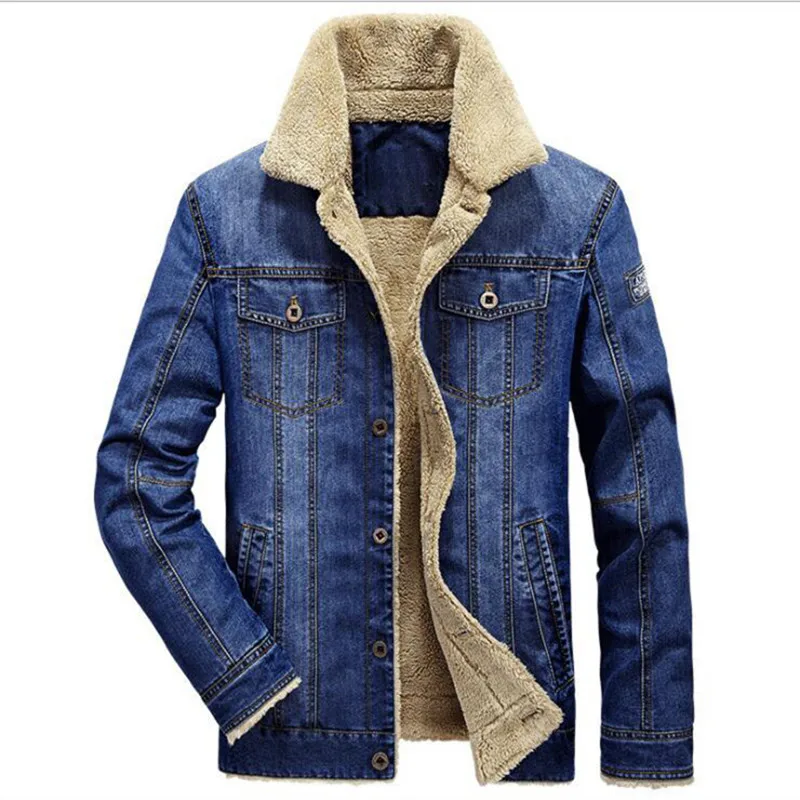 -Denim Blue- style 1 Мужские зимние толстые флисовые нагрудные карманы Родео выстроились джинсовые куртки модные мужские джинсовые куртки утолщенная теплая зимняя верхняя одежда для мужчин - Цвет: -Denim Blue- style 1
