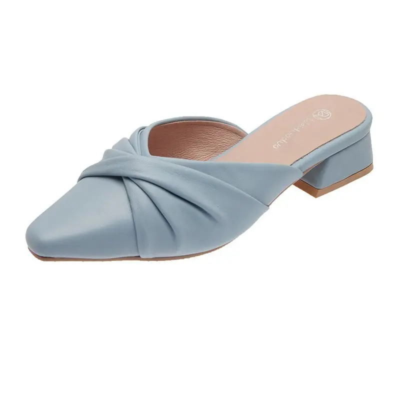 

Shoes Cover Toe Butterfly-Knot Womens Slippers Outdoor Slides Fashion Low Square heel Pantofle Luxury Pointed Block 2021 PU Basi