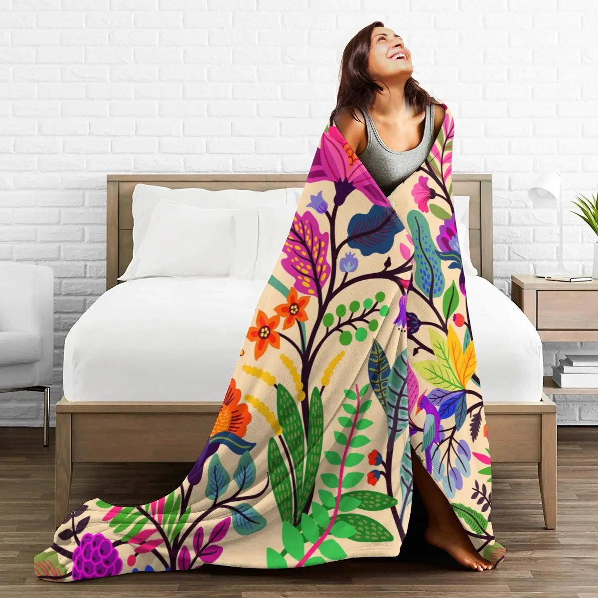 

Flannel Blanket Woody Flowers Birds Leaves Ultra-Soft Micro Fleece Blanket for Bathrobe Sofa Bed Travel Home Winter Spring Fall