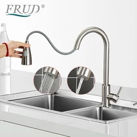 frud kitchen faucets 304 stainless steel silver single handle tap pull out nozzle 360 degree swivel hot and cold water mixer