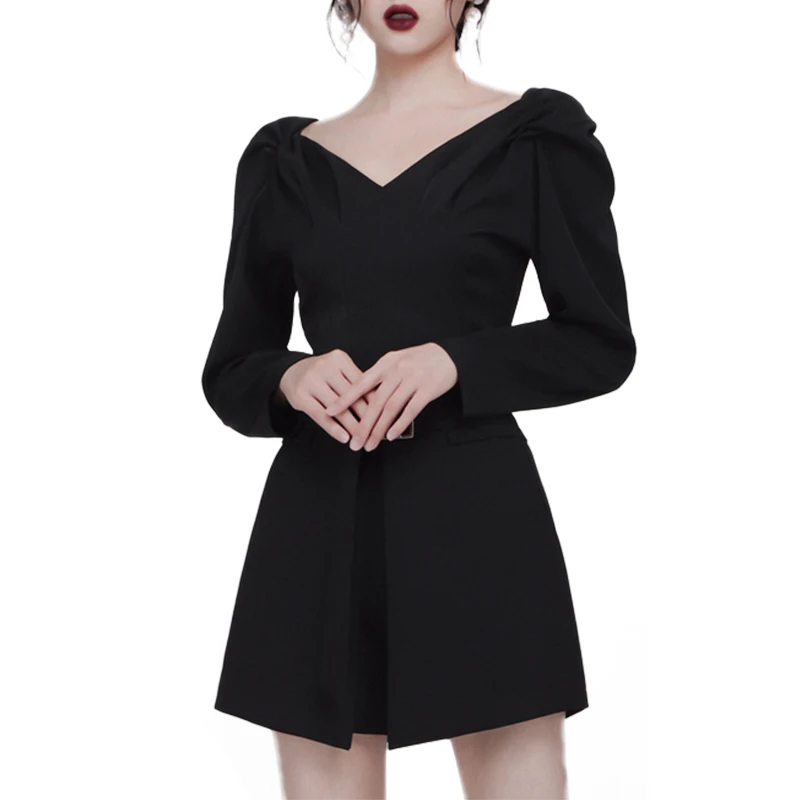 Женский офисный костюм двойка Max Spri черный с топом V образным вырезом рюшами