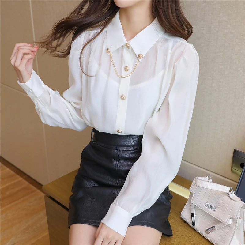 

2021 Spring New Korea Fashion Women Long Sleeve Loose Shirts All-matched Casual Turn-down Collar White Blouse Femme Blusas V93