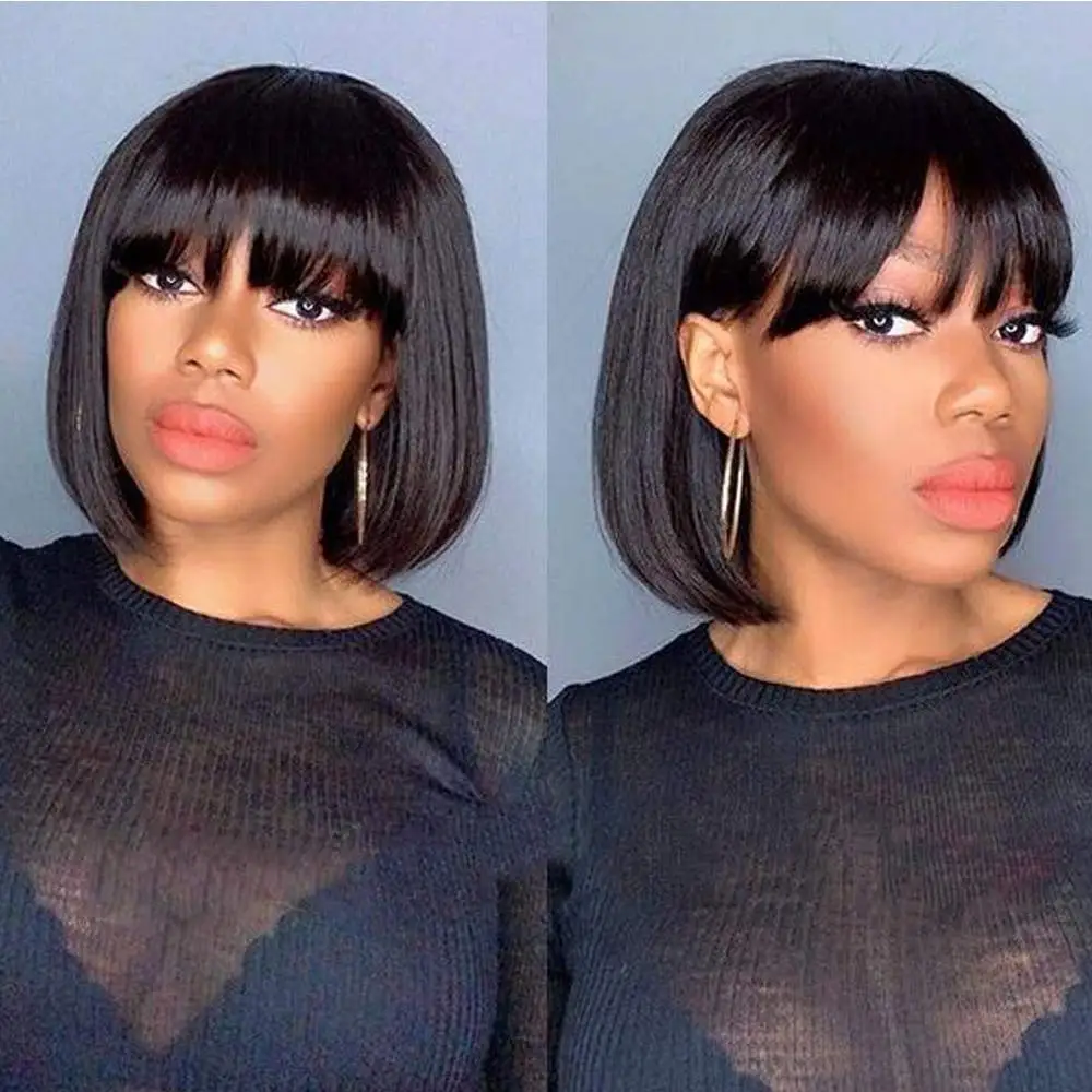 

Bob Wig with Bangs Synthetic Glueless Straight Hair Bob Wigs for Black Women 10 12 14 inch