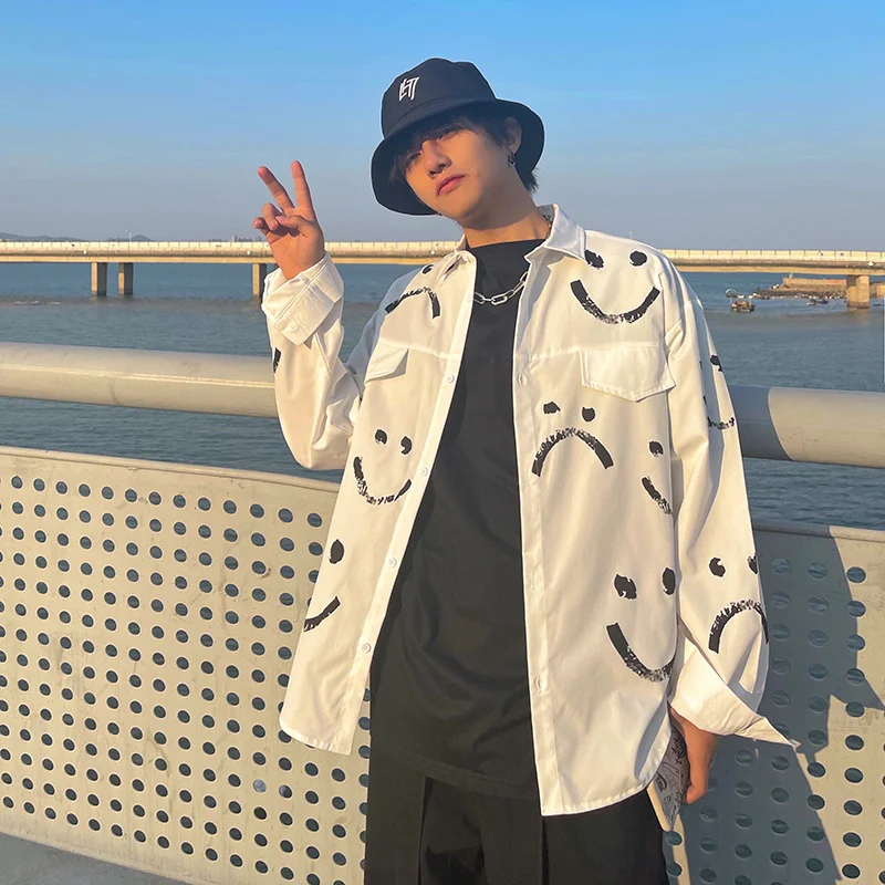 Рубашка мужская с длинным рукавом модная брендовая блуза принтом смайлика