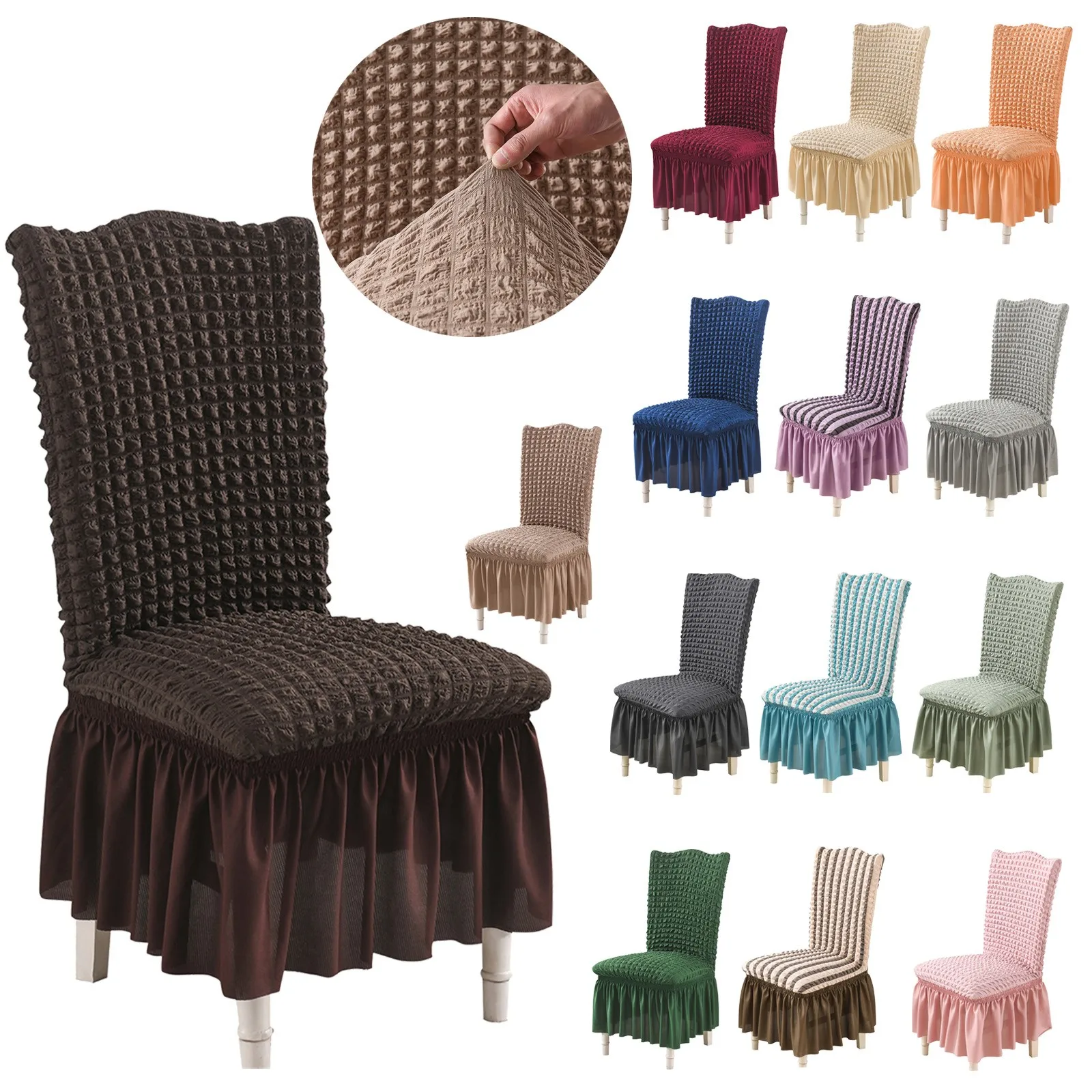 

Solid Color Bubble Plaid With Skirt Dining Chair Cover Elastic Chair Slipcover Stretch Chair Cover for Wedding Party Seat Cover