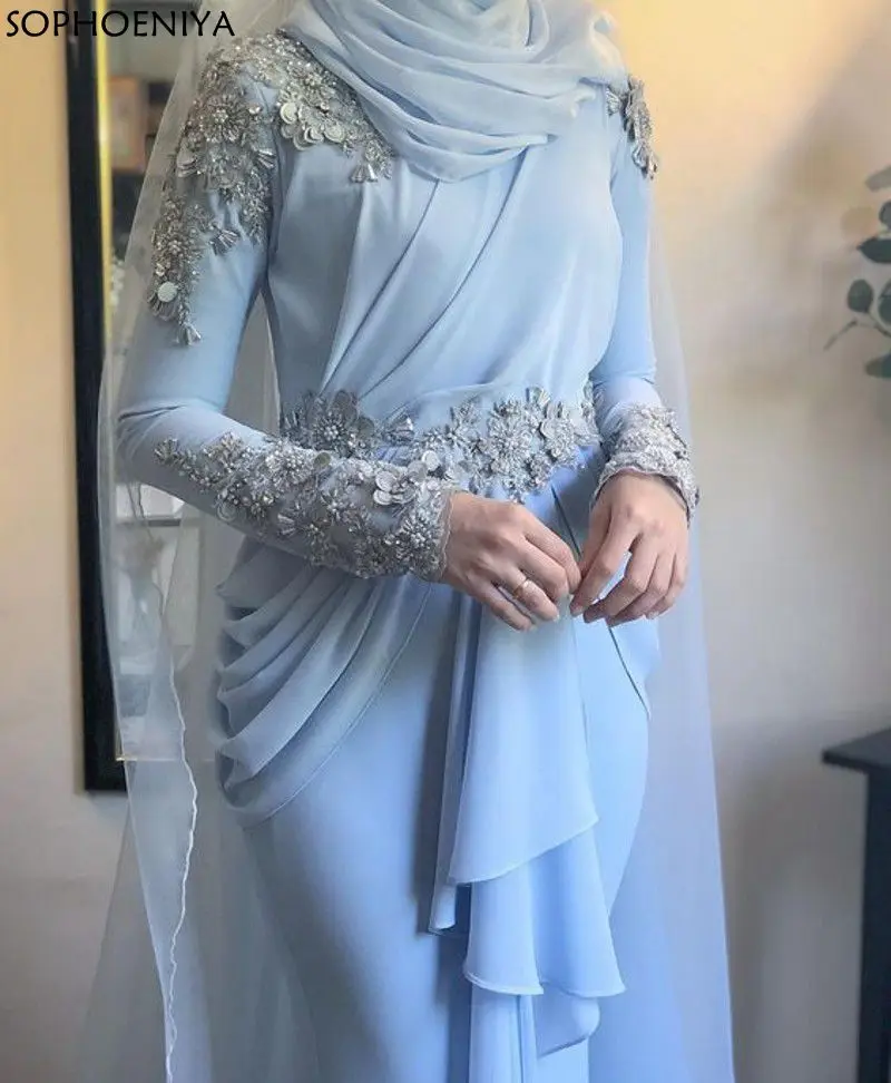 

New Arrival Robe de soiree Dubai Kaftan Arabic Long Sleeves Evening Dress Flowers Beaded Chiffon Blue Muslim Evening Gowns Robe