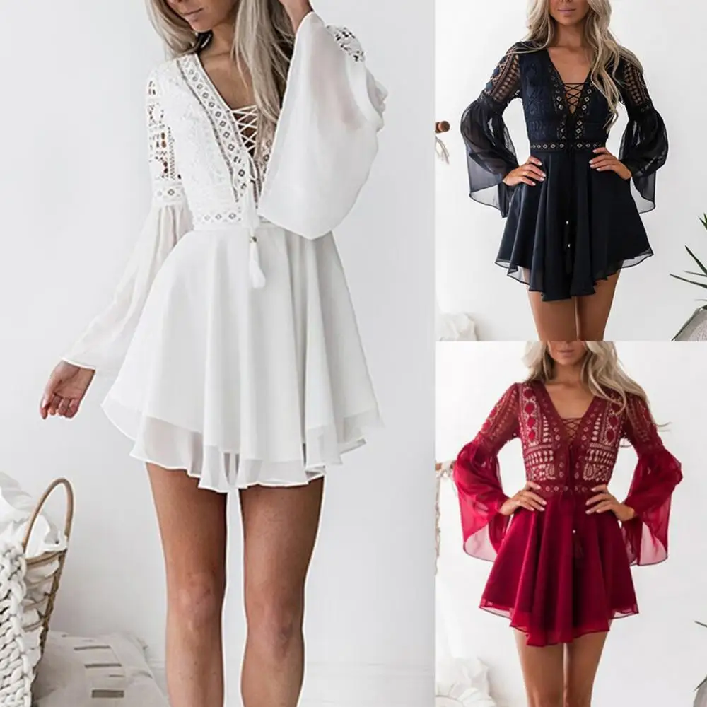 

Women MiNi Dresses Sexy V Neck Long Flared Sleeve Crochet Hollow out Chiffon Bandage Mini Dress Women's Clothing 2021 vestidos