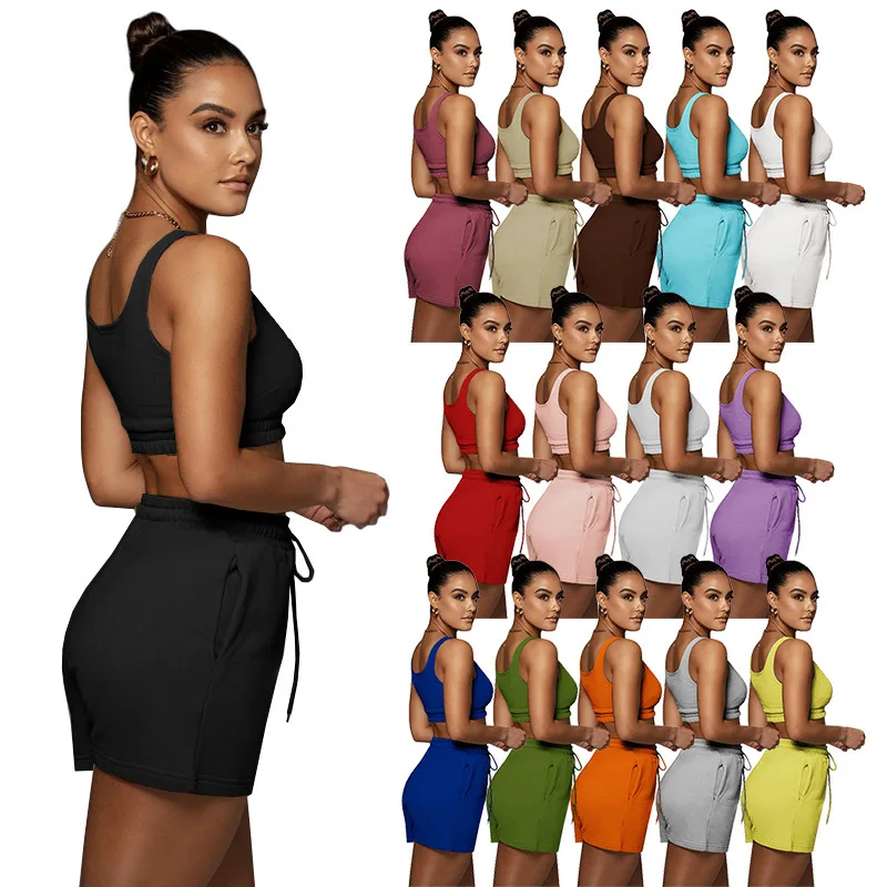 

Europe and The United States Cross Border Women's Solid Double Vest Shorts Sports Navel Suit