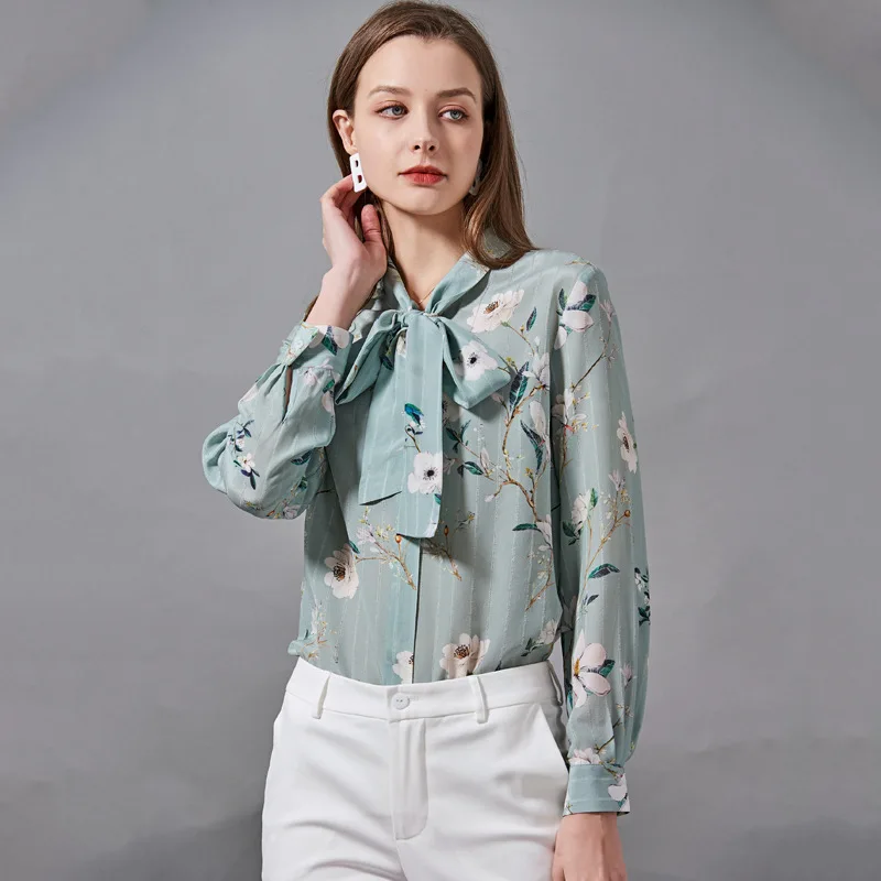 Women's Blouses and Tops Silk blue bowtie Floral Printed Office Formal Casual Shirts Plus Large Size Spring Summer Sexy Femme
