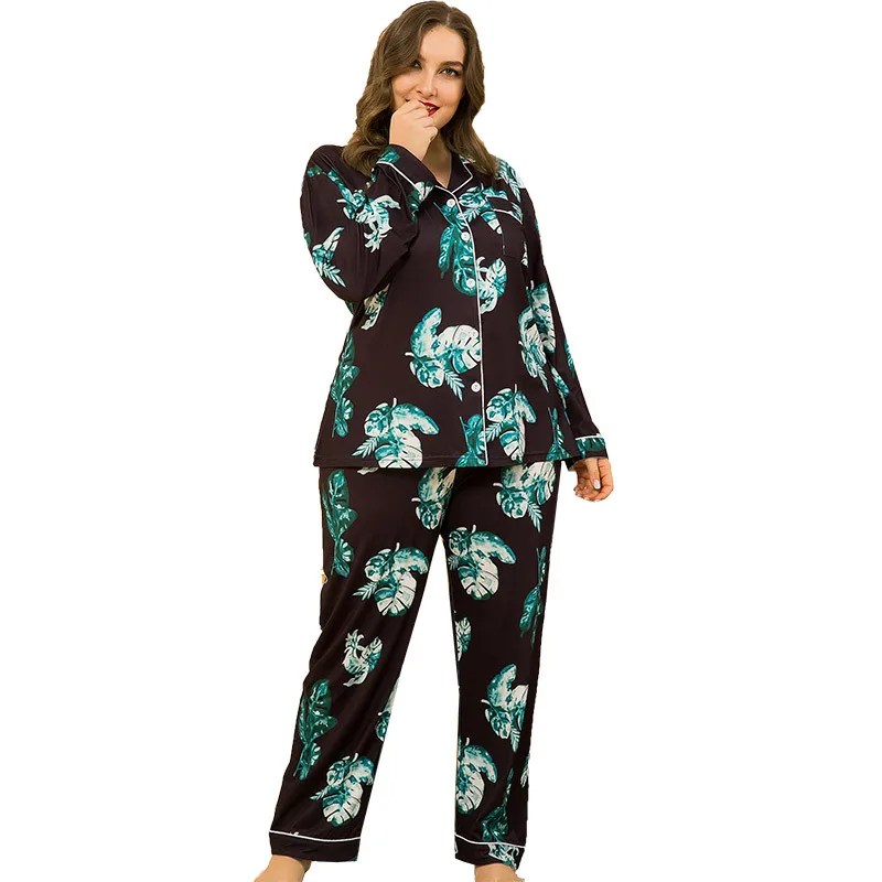 

Hc2038 Extra Large Spring Cardigan Long Sleeve Silk Pajamas Women's Lapel Family Suit Two Piece Suit