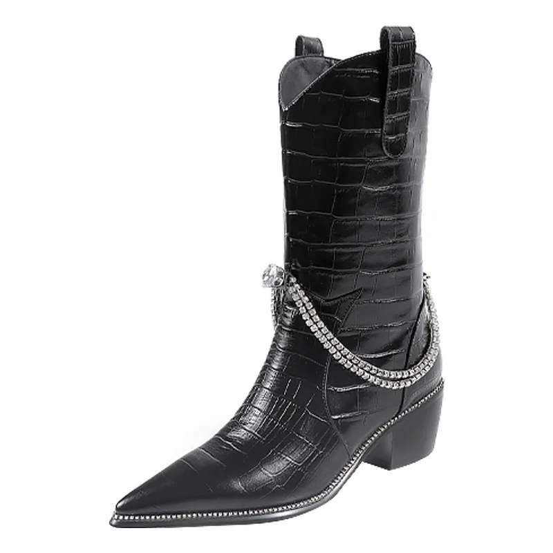 

Женские ботинки челси до середины икры кожаная обувь с острым носком с металлической цепочкой Knight B5