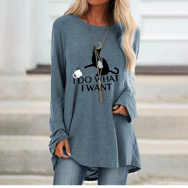 

Casual Cute Cat O Neck Long Sleeved Mid Length Anime Print Women's T Shirt Autumn Winter Hot Style Street Hipster Ladies Tops