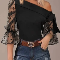 summer lady fashion flare sleeve straps office blusa sexy off shoulder pullover tops shirts elegant solid v neck straps blouse