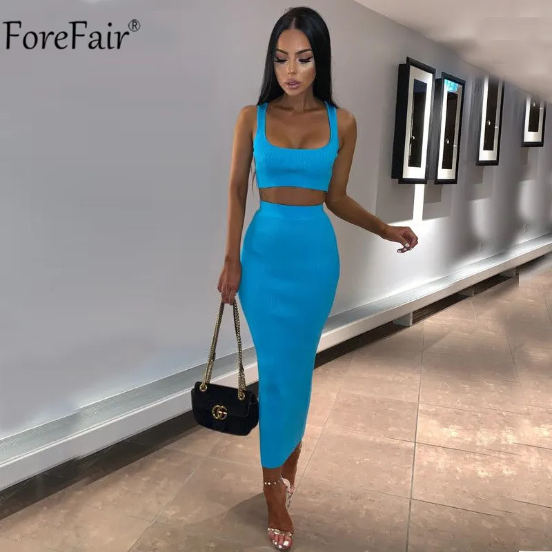 ForeFair, комплект из двух предметов, женское летнее вечернее платье на бретелях, неоновое, без рукавов, миди, сексуальное Клубное облегающее платье - Цвет: Синий