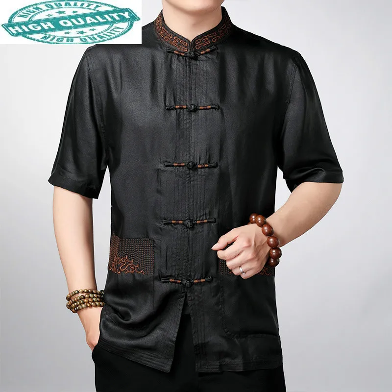 

100% Summer Shirt Clothes Black Vintage Mulberry Silk Chinese Style Shirts for Men High Quality 3246 KJ