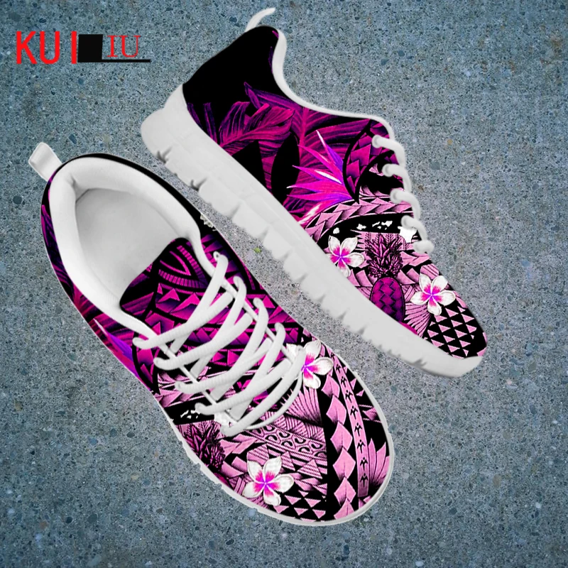 

KUILIU Sneakers for Women Lightweight Mesh Flats Shoes Pink Hawaii Polynesian Plumeria Comfortable Female Lace Up Footwear