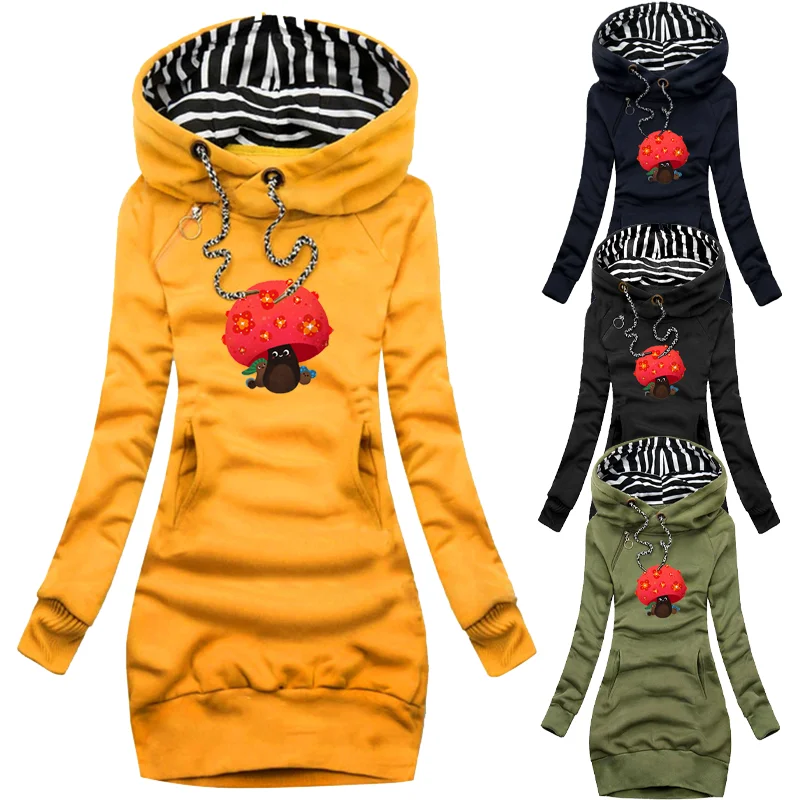 

2021 Women Dresses Fashion Long Sleeve Printed Skirts Autumn Winter Outdoor Hooded Dresses Ladies Fleece Long Dresses