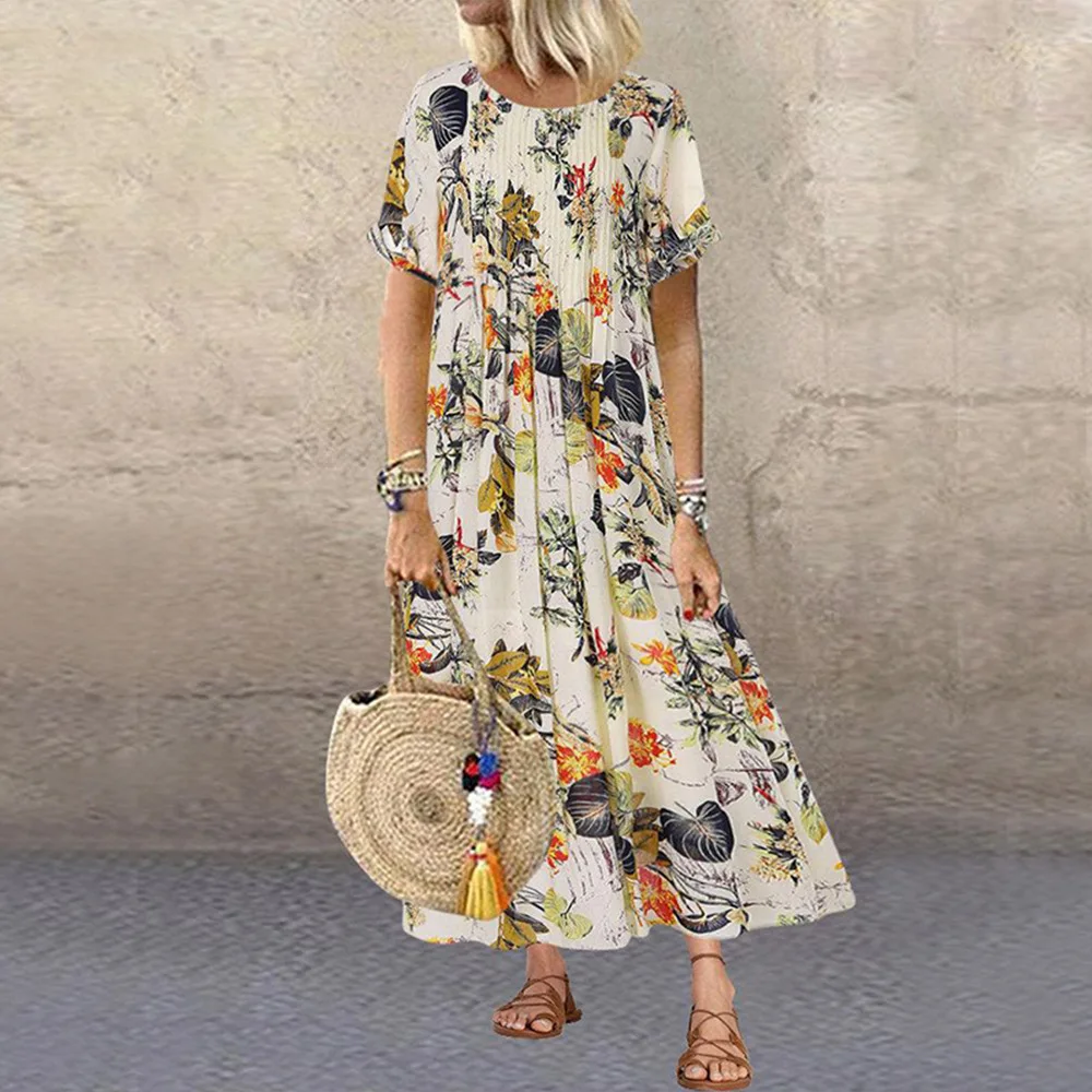 

New casual print loose dress summer fashion o-neck short sleeve women's shirt long skirt