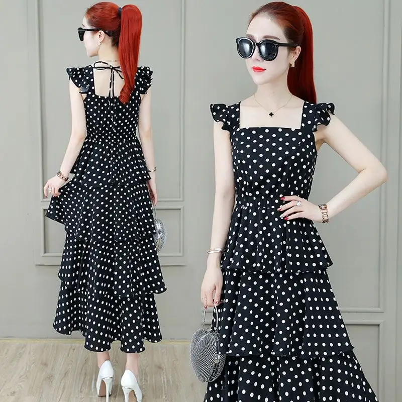 

2021 Fashion Women 2 Pieces Set Chiffon Blouse Top + Polka Dot Pleated Sleeveless Long Dress Outfits Female Elegant Suits Q236