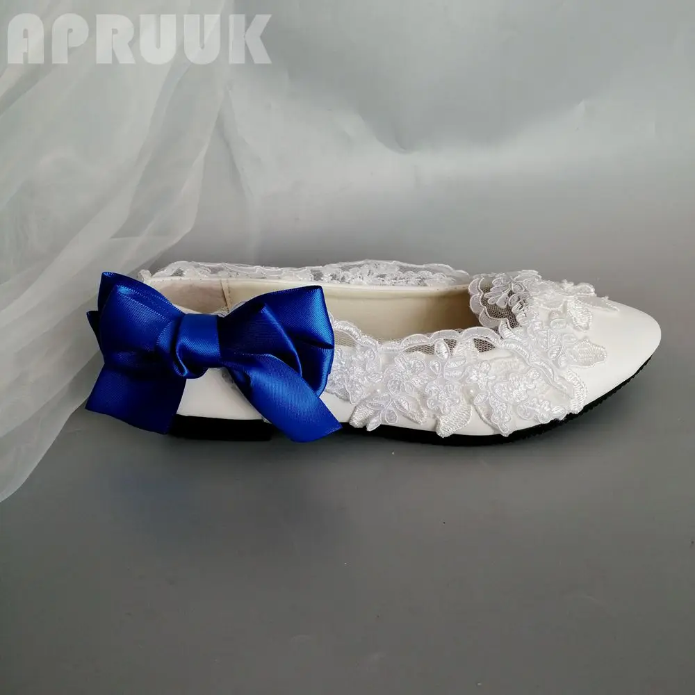 

Blue satin bow flats shoes woman plus size 41 42 handmade sexy white lace royal blue bowtie butterfly-knot wedding bridal shoe