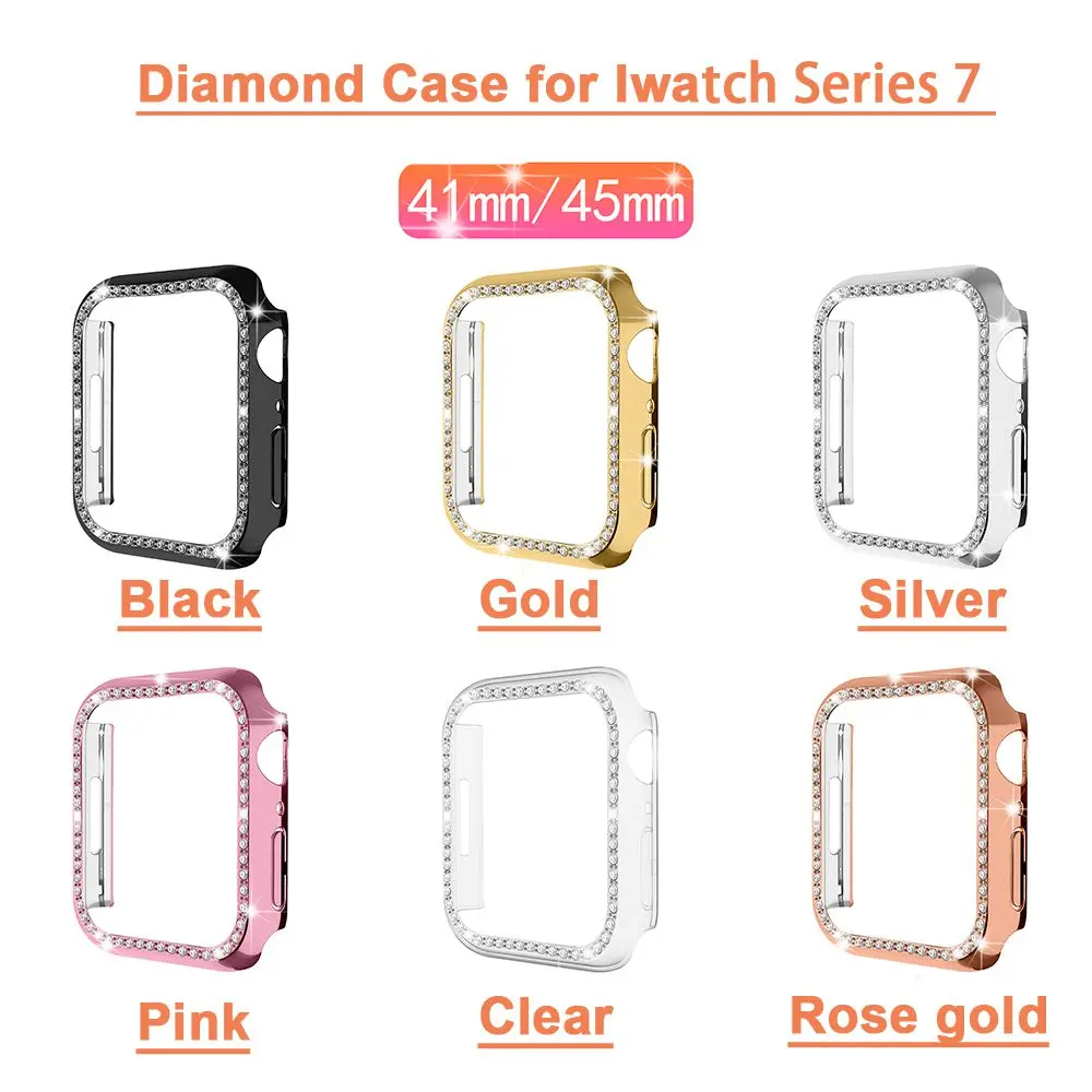 

Блестящий чехол для Apple Watch Series 7 45 мм 41 мм, Обложка со сверкающими кристаллами и бриллиантами, Обложка для женщин/девушек, розовое золото