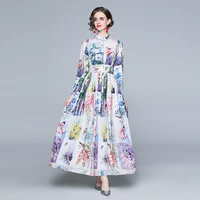 chic print large swing pleated maxi dresses chiffon bohemian a line ankle length stand collar single breasted long sleeve dress