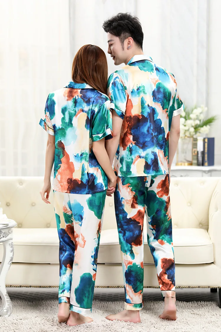 Black Pajamas Men Short Sleeve Trouser Pure Color or Printed Flower Silk Sleepwear Set Satin Lounge Wear Couple Snight Pijamas