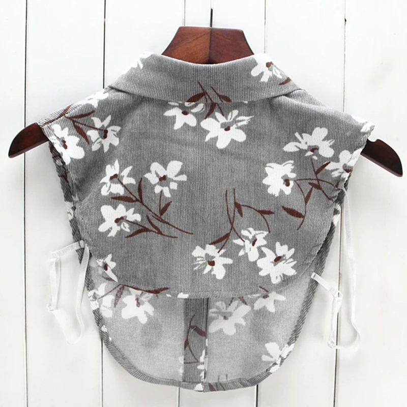 

Women Blouse Sweatshirt Vest Lapel Fake False Collar Detachable Vertical Striped Floral Printed Corduroy Half Shirt Tie Button