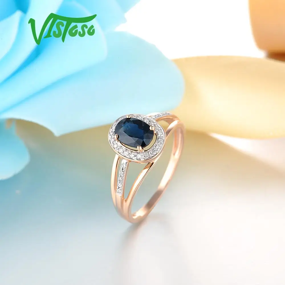 VISTOSO 14K White Gold Rings For Women Genuine Sparkling Diamond Fancy Blue Sapphire Engagement Anniversary Unique Fine Jewelry