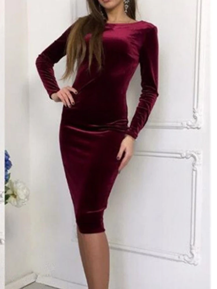 Женское повседневное Бархатное облегающее платье миди с длинным рукавом|Женские