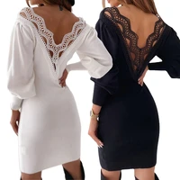 plus size mini dress white black sexy party dress long sleeve lace up patchwork dresses backless dress v neck package hip dress
