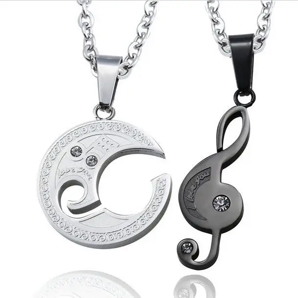 

Crystal Jewelry Music Breaks Moon Chain Black Steel Stainless Steel Lovers I Love You Couple Necklaces & Pendants For Women Men