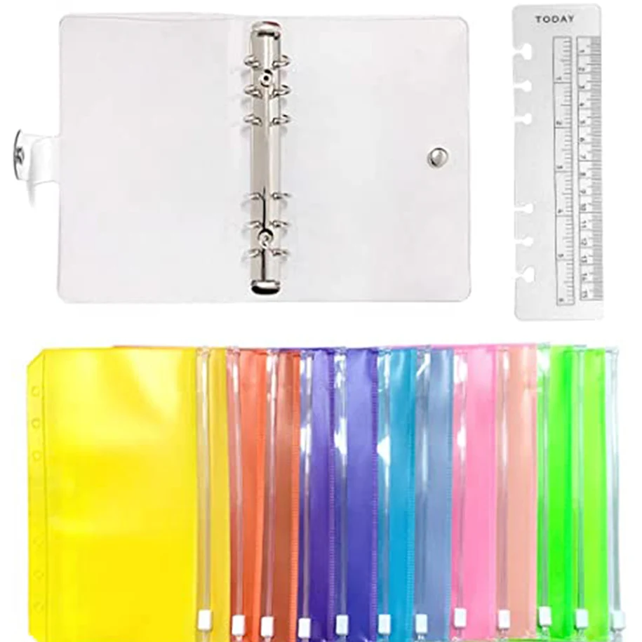 

A6 Soft PVC 6-Ring Clear Binder Budget Envelopes with Snap Button Closure with 12Pcs Colorful Binder Zipper Pockets ,A Ruler