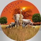 Фон для детских фотографий с изображением жирафа, сафари, заката, пастбища, слона