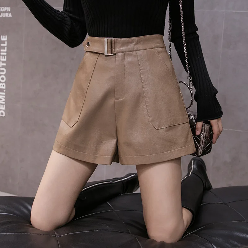 

2020 Autumn Winter Women Shorts Fashion Wide Leg PU Leather Soild Color Female Casual Loose High Waist Korean Style Shorts Thin
