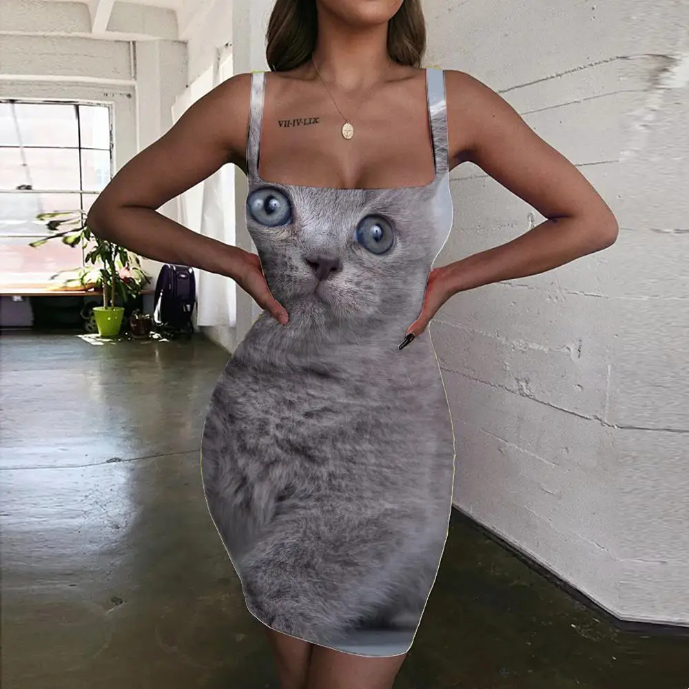

Giyu Brand Cat Dress Women Animal Halter Sleeveless Cool Sundress Lovely Vestido Sexy Womens Clothing Party Short Beach Femme