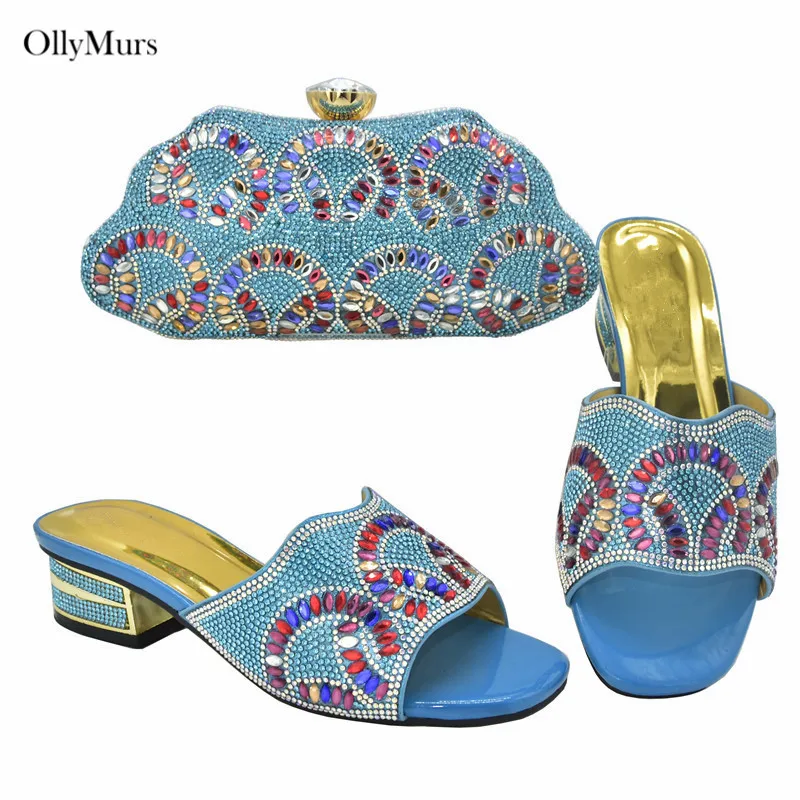 

Summer Hot Sale Fashion High Heels Shoes And Bag Set For Wedding Dress New Italian Sky Blue Ladies Shoes And Handbag Set
