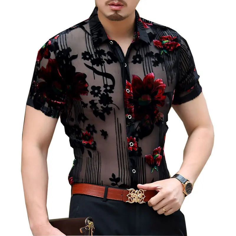 

Men Club Party 2021 New DJ Prom Shirt Short Sleeve Chemise Homme Transparent Flower Velvet Shirt Men See Through Lace Shirt 3XL