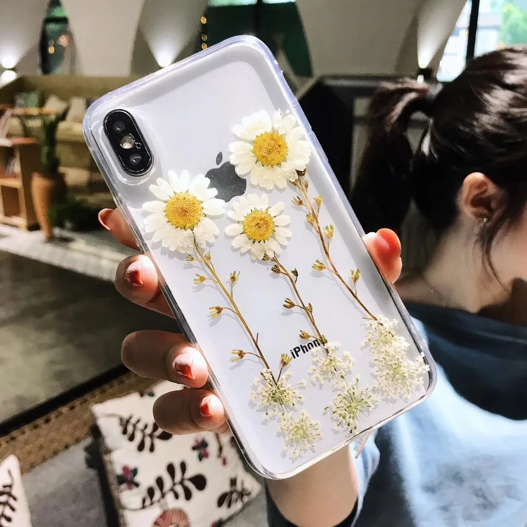 Прозрачный чехол с настоящими высушенными цветами для телефона IPhone 8 7 Plus 12 11 Pro Max