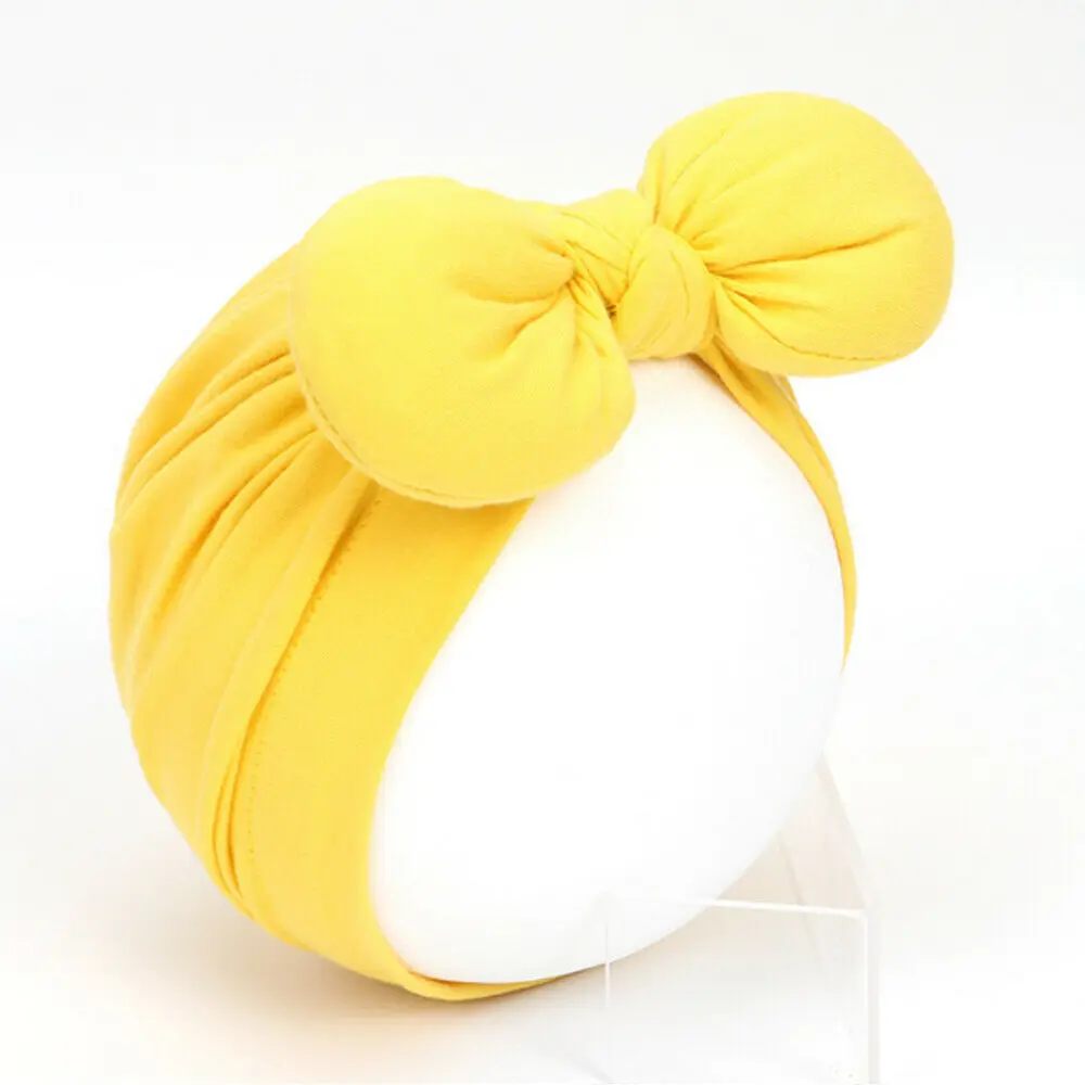 Yellow Newborn Toddler Baby Girls Turban Soft Silk Beanie Big Bow Hat Cap Wrap Headwear Headband Hats Accessories Candy Color Cute - Color: Yellow