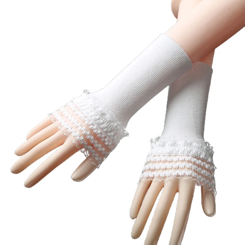 

Women Ribbed Knitted Arm Warmers Ruffles Lace Patchwork Horn Cuffs Fake Sleeves Solid Color Stretchy Fingerless Gloves