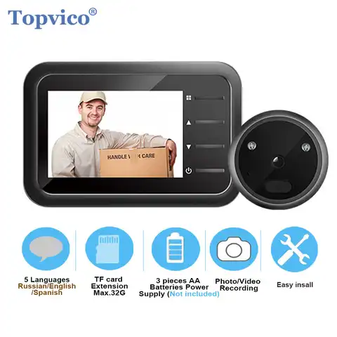 Видеоглазок Topvico с дверным звонком, камера с автоматической записью, электронное кольцо ночного вида, цифровой глазок для входной двери, Дом...