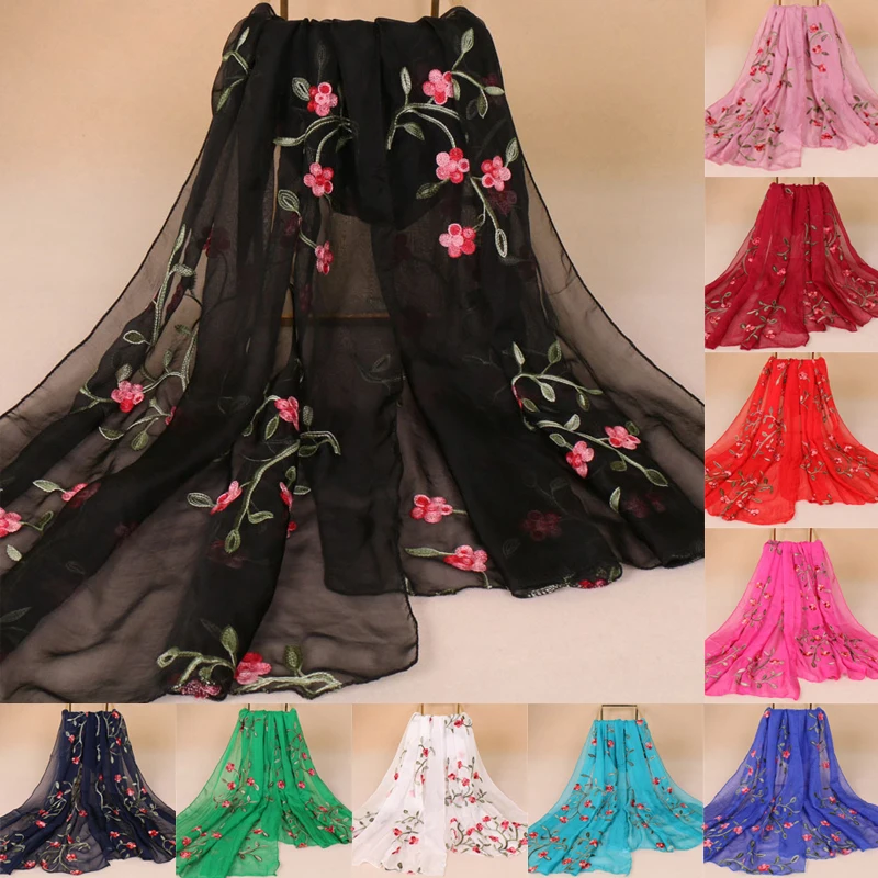 

1PCS Sunscreen Embroidered Chiffon Ladies Beach Towel Peach Blossom Elegant Embroidery Printed Chiffon Scarf S78